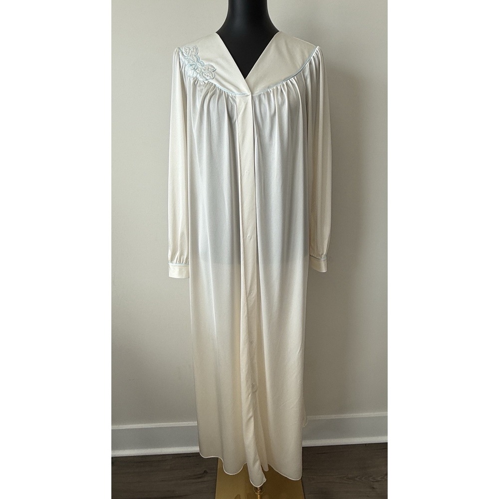 VTG Shadowline Women's L Ivory Peignoir Dressing Gown/Robe Blue Embroidery